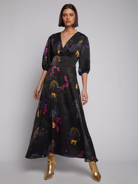 Vilagallo Natasha Black Cheetah Crepe Midi Dress-38/10-Fi&Co Boutique
